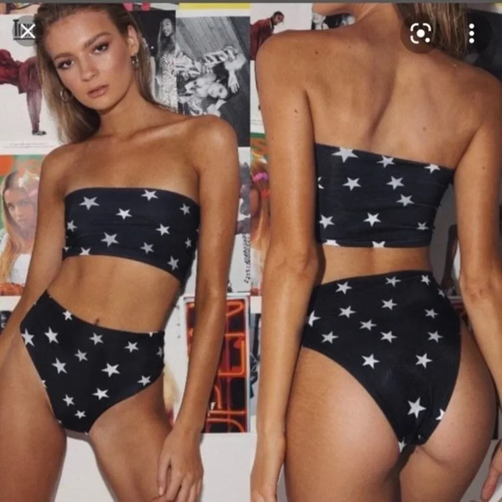 POLLY Black & White Star Print High-Waisted Strapless Bikini Set Size 8 US - Picture 3 of 9